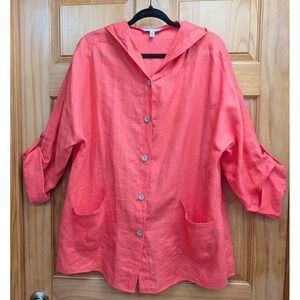 Time For Me Women's 1X Tunic Orange Button-Down Front Hood 100% Linen Top